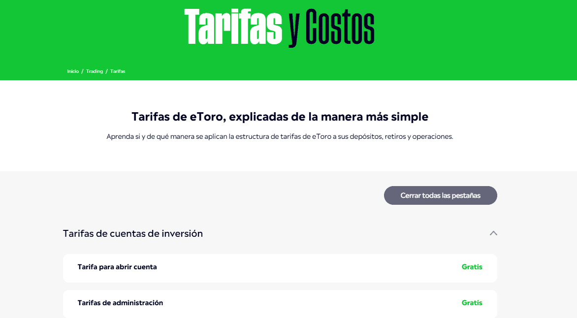 comisiones, tarifas y costos en etoro